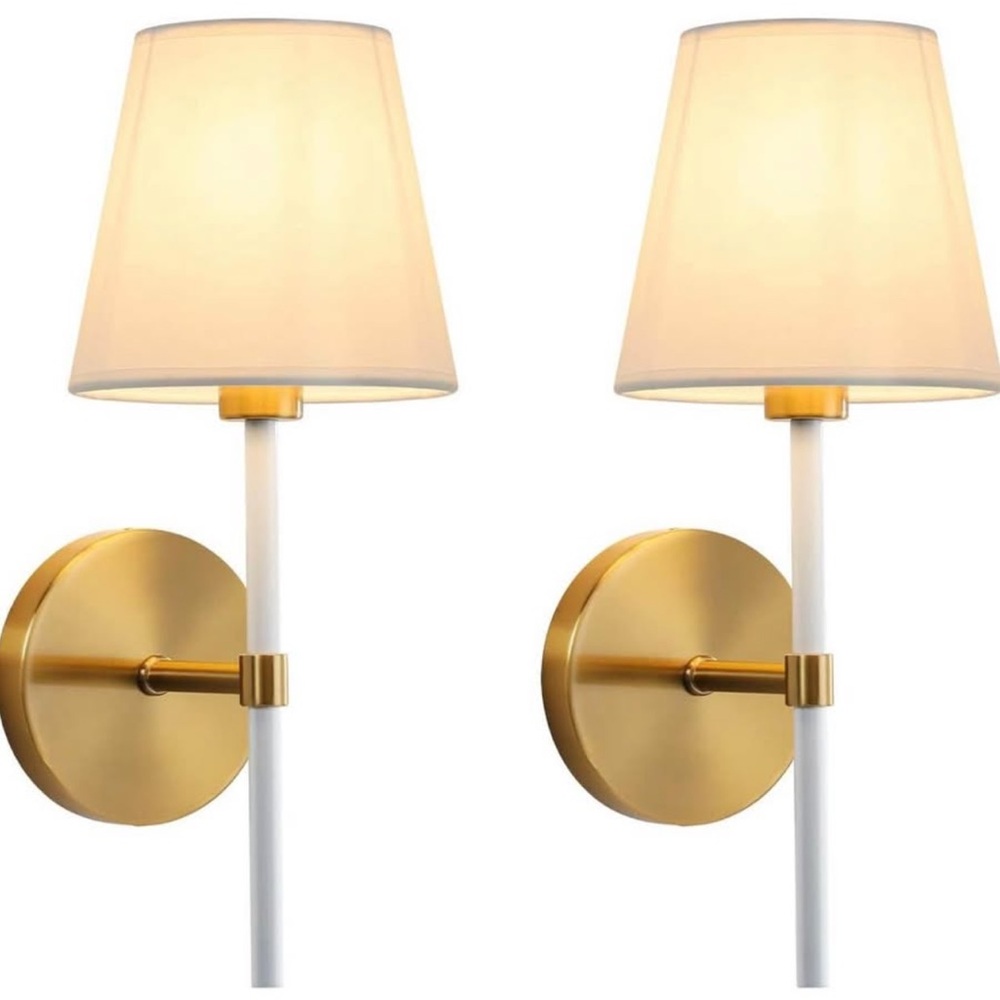 NEW IN BOX RUIYEY Wall Sconces: Set of 2 Gold Wall Lights with Fabric Shades